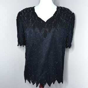 LAURENCE KAZAR VTG 100% Silk Beaded Sequined Top 1X Black Short Sleeve Glam